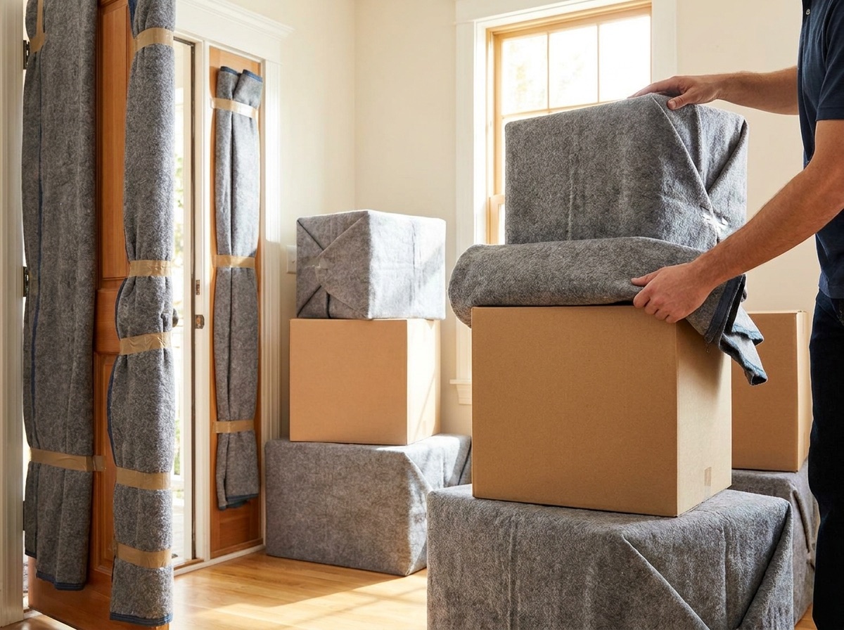 Stacked moving boxes and folded moving blankets beside a padded doorframe