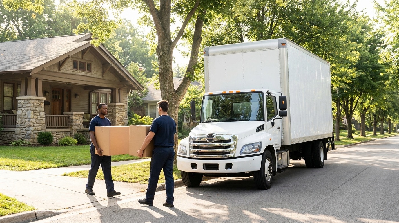 Homestead Moving Co. crew carrying boxes to their truck outside a Monrovia craftsman home